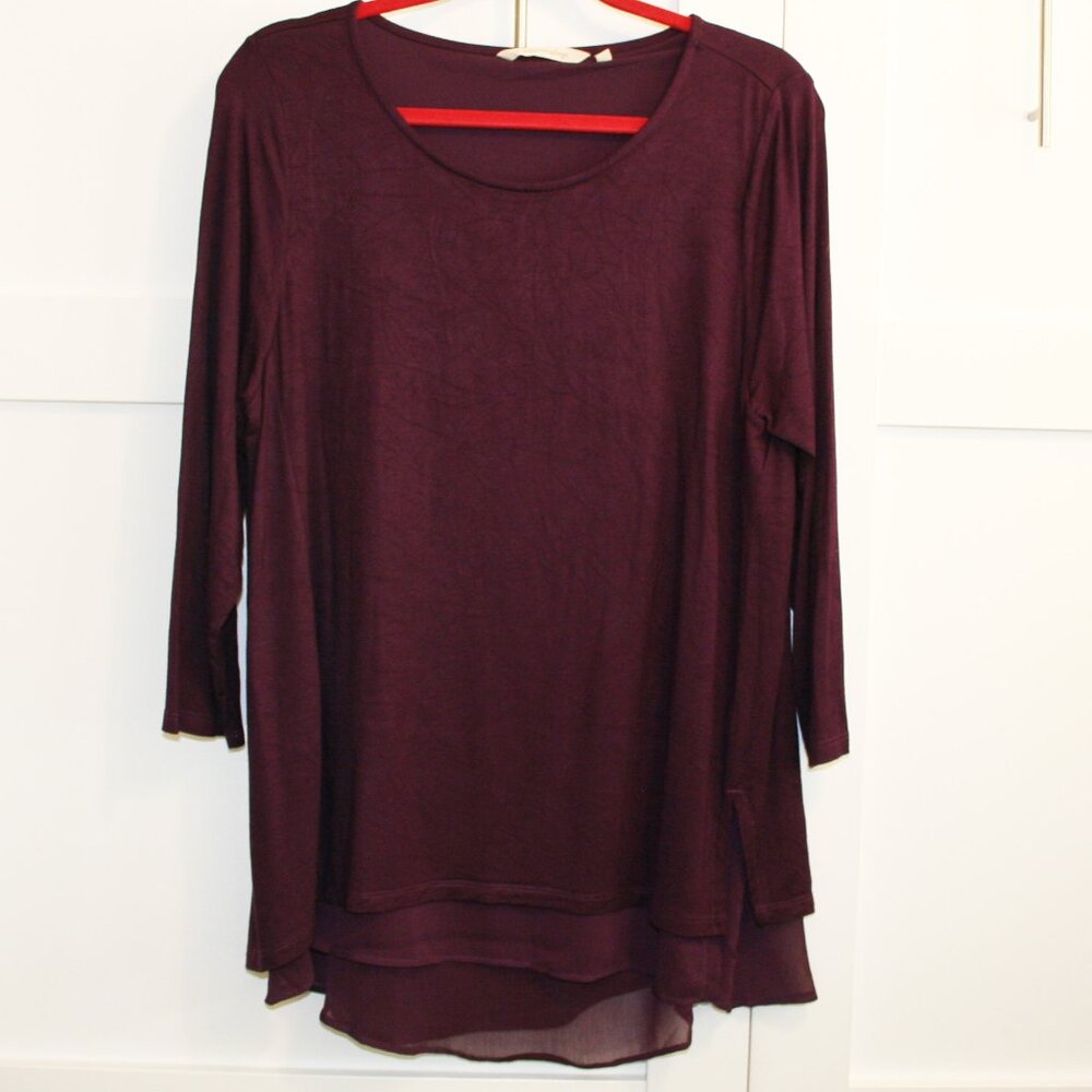 Soft Surroundings LG Tunic Top Dark Purple with Sheer Underlayer 3/4 Sleeve